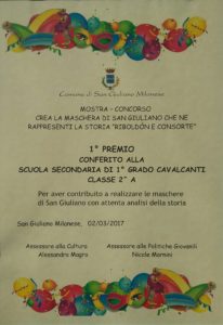 Primo premio conferito alla scuola secondaria di primo grado alla classe seconda A per aver contribuito a realizzare le maschere di San Giuliano con attenta analisi della storia