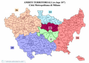 la cartina rappresenta la città metropolitana di Milano, suddivisa in ambiti territoriali. in alto a sinistra l'ambito 26, in basso a sinistra l'ambito 25, in alto al centro l'ambito 23, al centro gli ambiti 21 e 22, a destra l'ambito 24